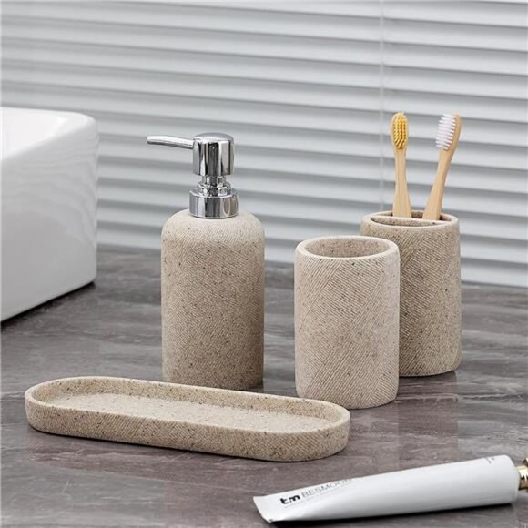 Bathroom Accessories Set 4 Pieces Soap Dispenser Toothbrush Holder Vanity Tray - Picture 4 of 7